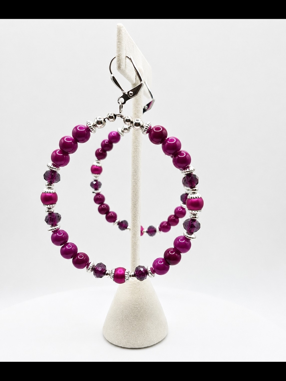 Handmade Magenta Beaded Hoop Earrings